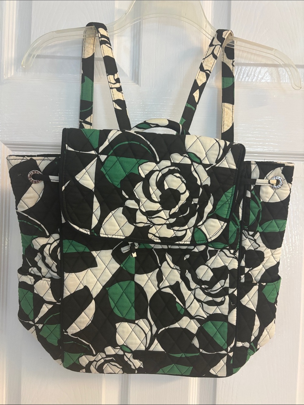 Vera Bradley Quilted Floral Tote Backpack in Black, White & Green